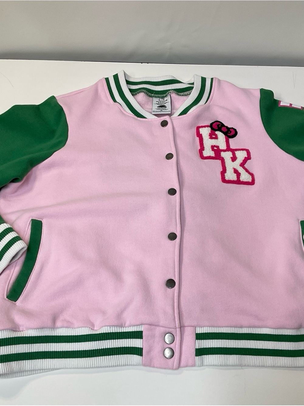 Sanrio Pink and Green Hello Kitty Varsity Crew Sweater